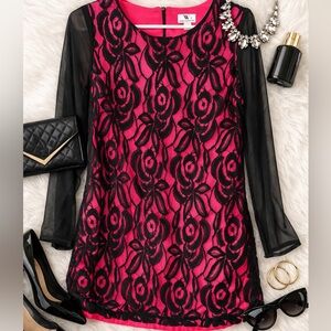 Black Lace Overlay Hot Pink Dress Sheer Sleeve NWT Worthington Size 8